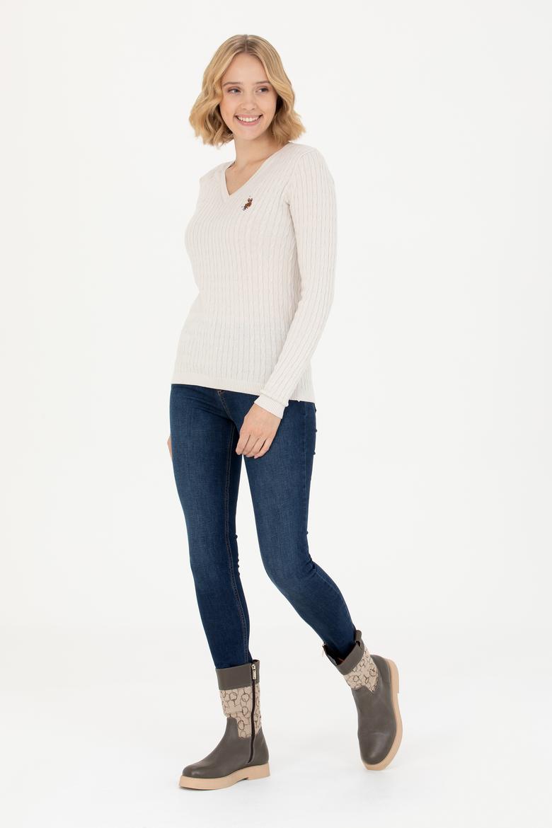 Kadın Ekru V Yaka Basic Kazak - 50269019068
