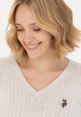 Kadın Ekru V Yaka Basic Kazak - 50269019068