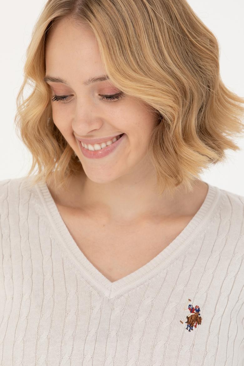 Kadın Ekru V Yaka Basic Kazak - 50269019068