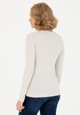 Kadın Ekru V Yaka Basic Kazak - 50269019068