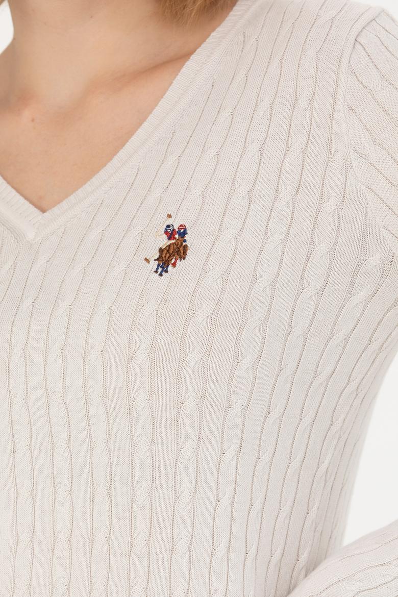 Kadın Ekru V Yaka Basic Kazak - 50269019068