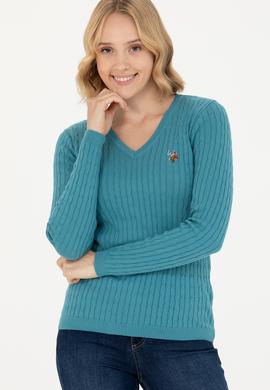 Kadın Petrol V Yaka Basic Kazak - 50269019091