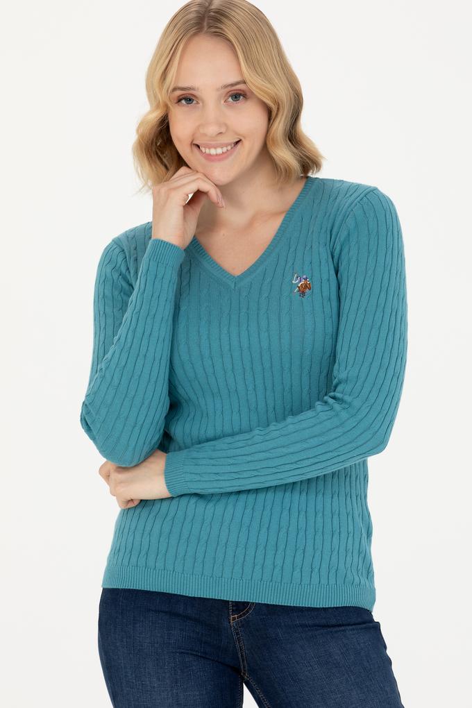 Kadın Petrol V Yaka Basic Kazak