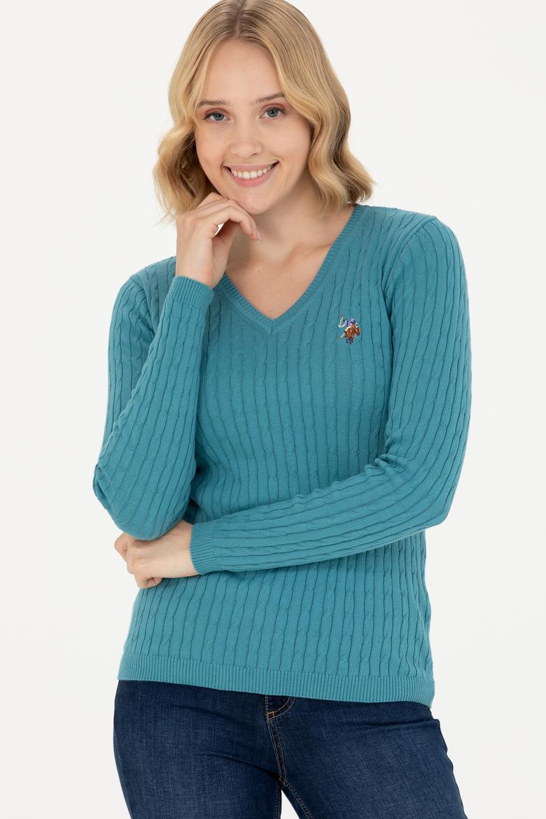 Kadın Petrol V Yaka Basic Kazak