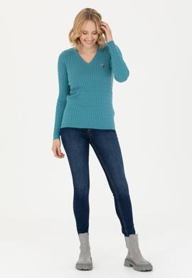 Kadın Petrol V Yaka Basic Kazak - 50269019091