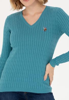 Kadın Petrol V Yaka Basic Kazak - 50269019091