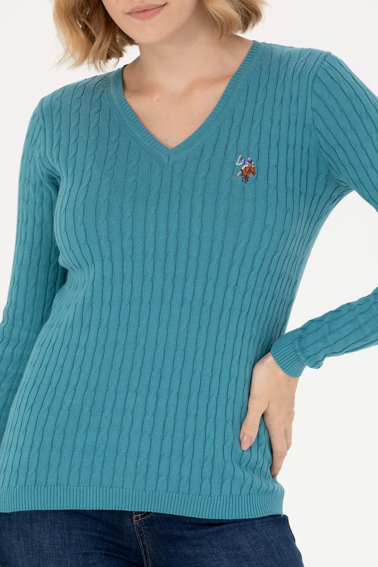 Kadın Petrol V Yaka Basic Kazak - 50269019091