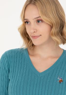 Kadın Petrol V Yaka Basic Kazak - 50269019091