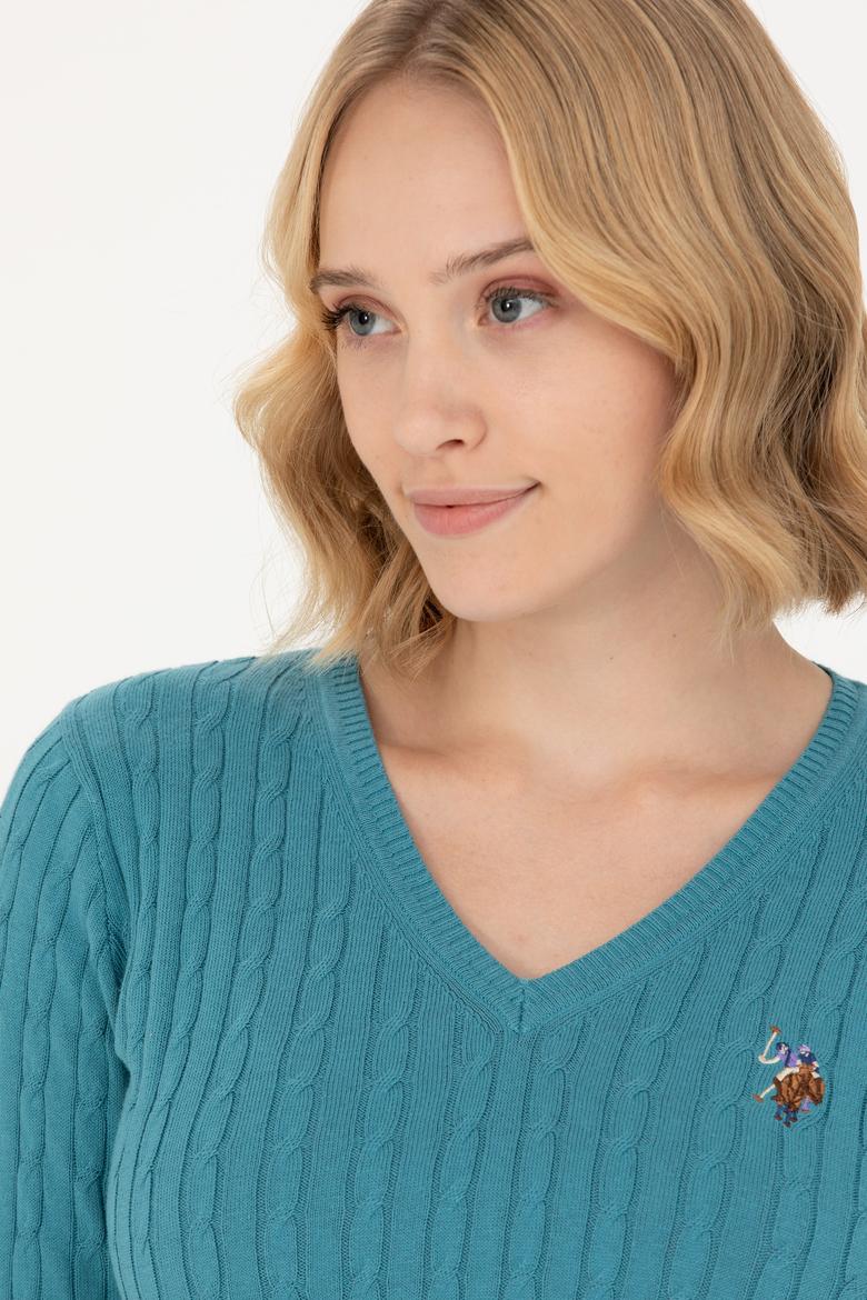 Kadın Petrol V Yaka Basic Kazak - 50269019091