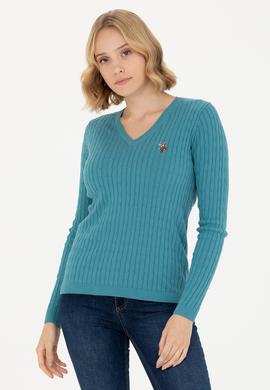 Kadın Petrol V Yaka Basic Kazak - 50269019091