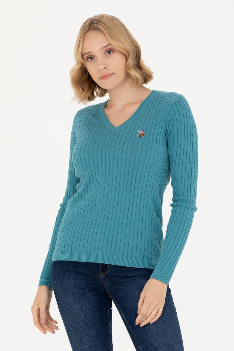 Kadın Petrol V Yaka Basic Kazak - 50269019091