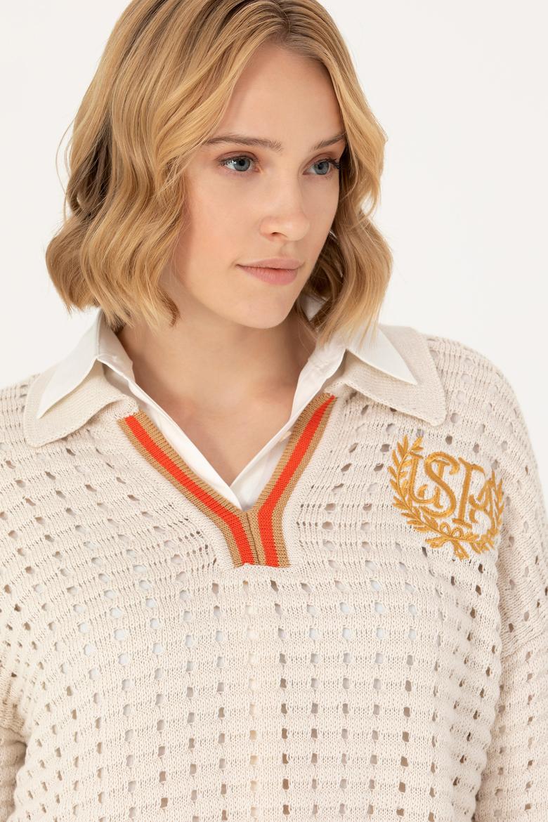 Kadın Krem V Yaka  Kazak - 50270446005