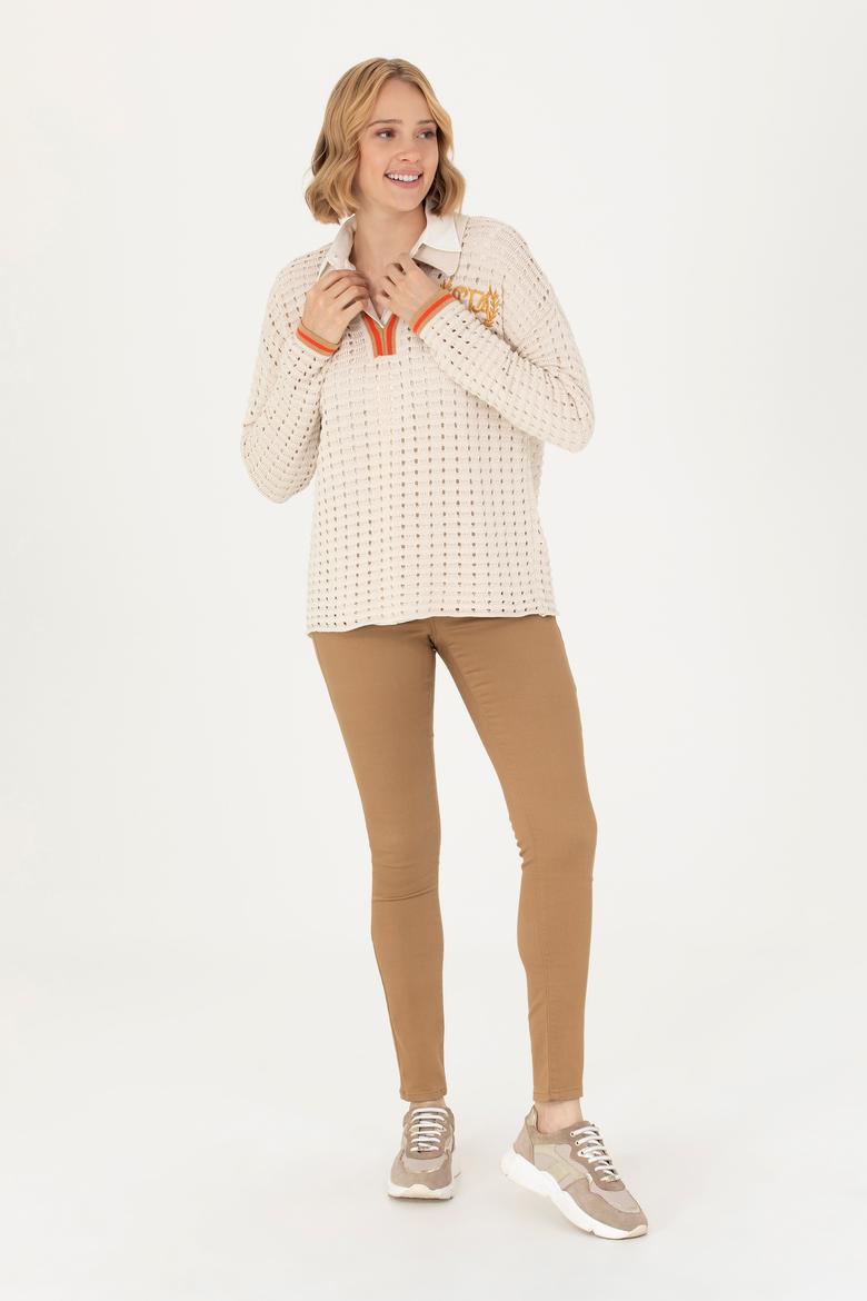 Kadın Krem V Yaka  Kazak - 50270446005