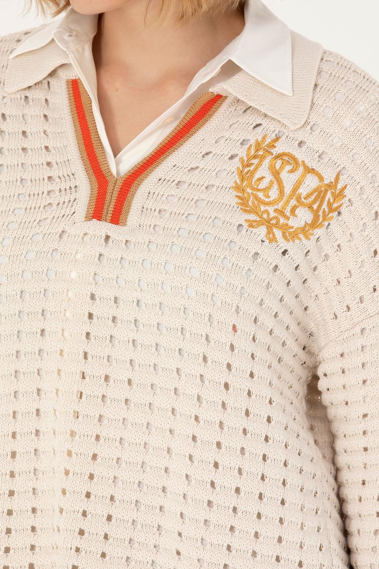 Kadın Krem V Yaka  Kazak - 50270446005