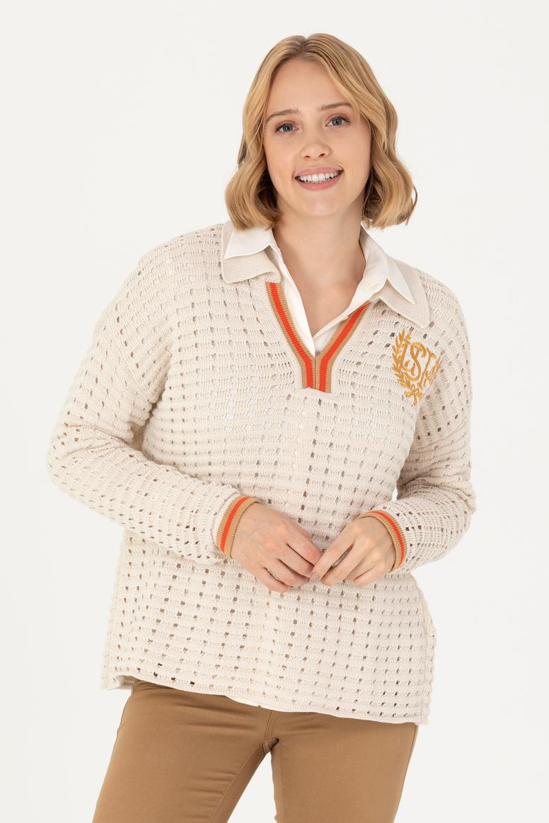 Kadın Krem V Yaka  Kazak - 50270446005