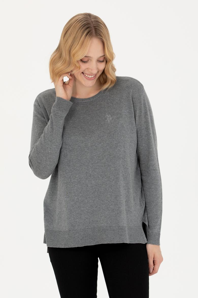 Kadın Gri Melanj Bisiklet Yaka Basic Kazak