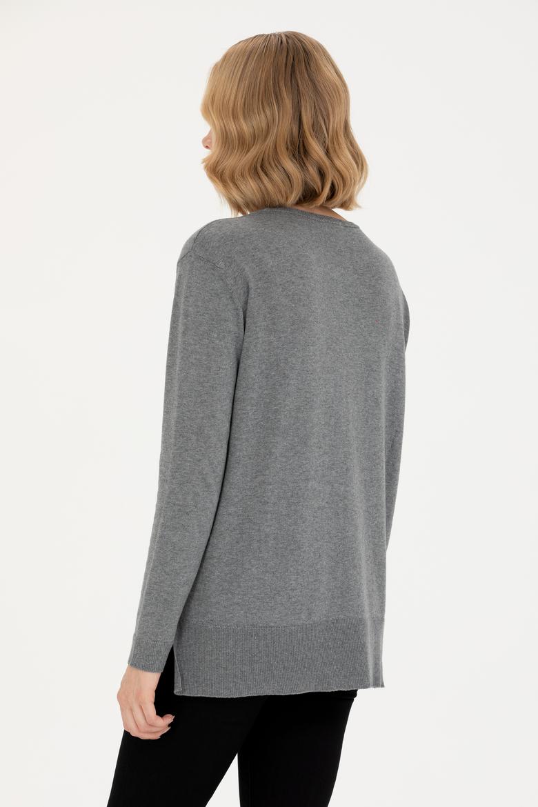 Kadın Gri Melanj Bisiklet Yaka Basic Kazak - 50269015019
