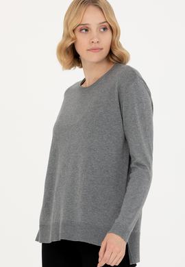 Kadın Gri Melanj Bisiklet Yaka Basic Kazak - 50269015019