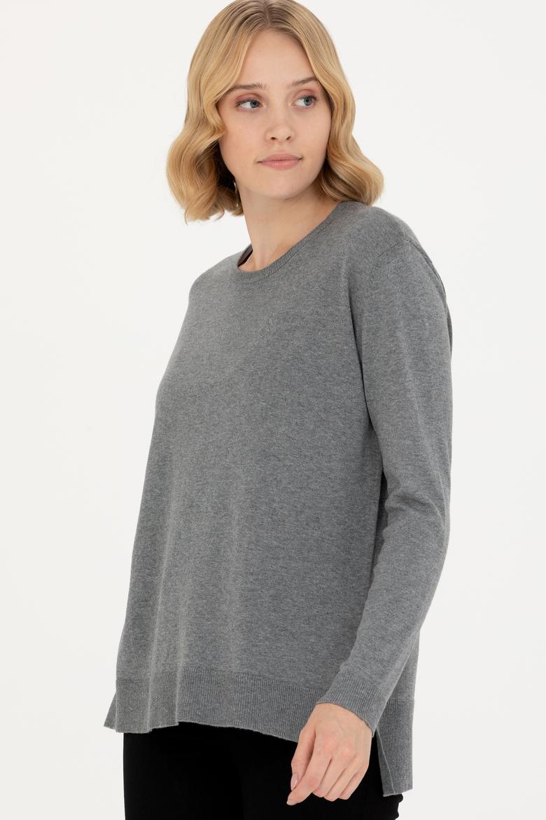 Kadın Gri Melanj Bisiklet Yaka Basic Kazak - 50269015019