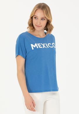 Kadın Saks Bisiklet Yaka Tişört - 50264188026