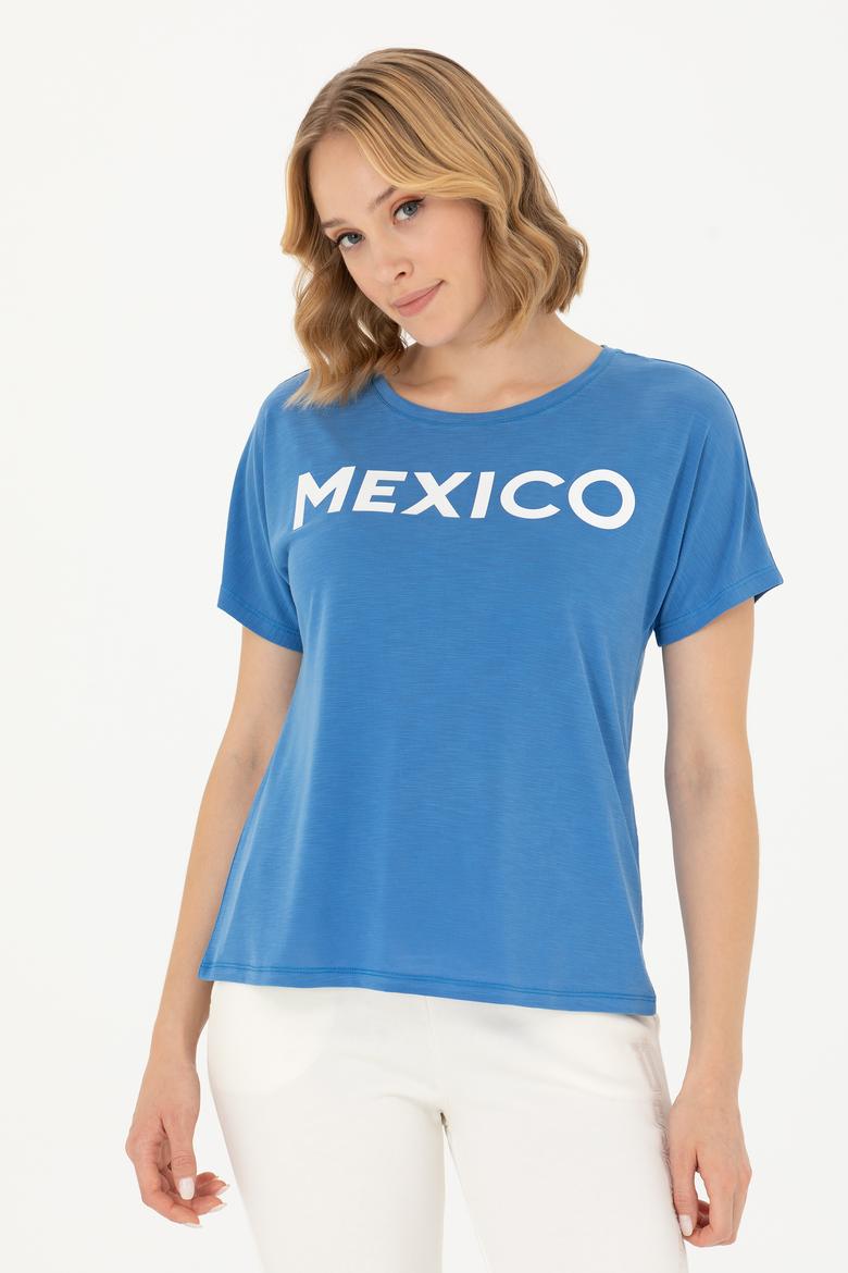 Kadın Saks Bisiklet Yaka Tişört - 50264188026