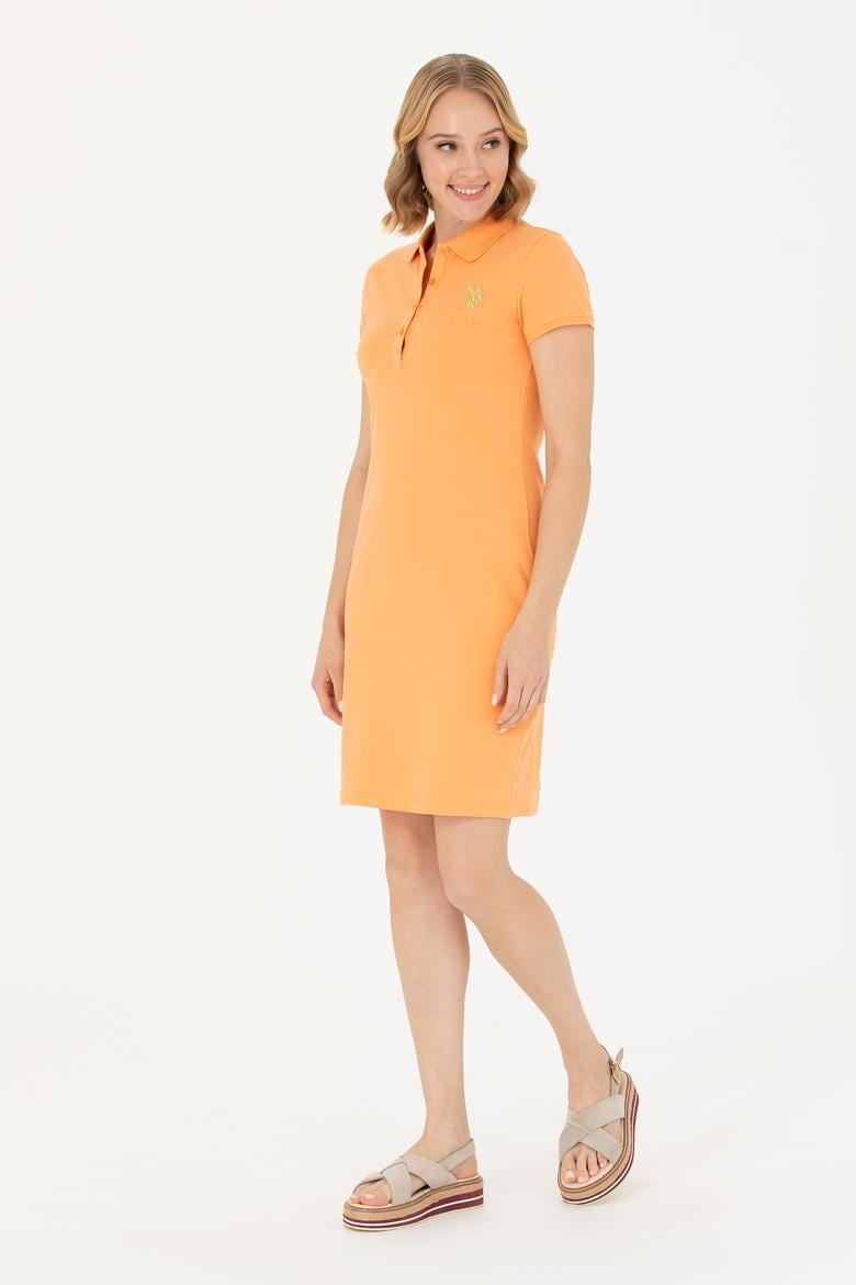 Kadın Turuncu Polo Yaka Mini Boy Örme Elbise
