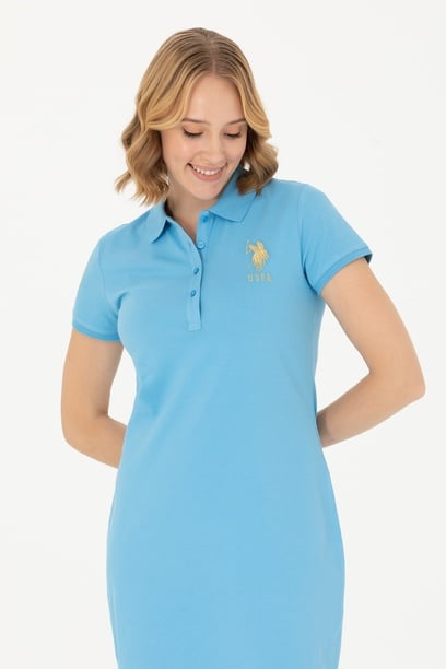 Kadın Turkuaz Polo Yaka Mini Boy Örme Elbise