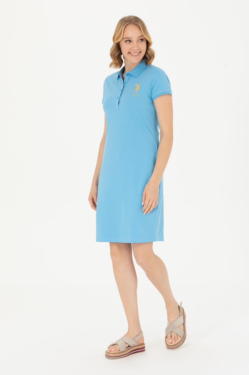 Kadın Turkuaz Polo Yaka Mini Boy Örme Elbise
