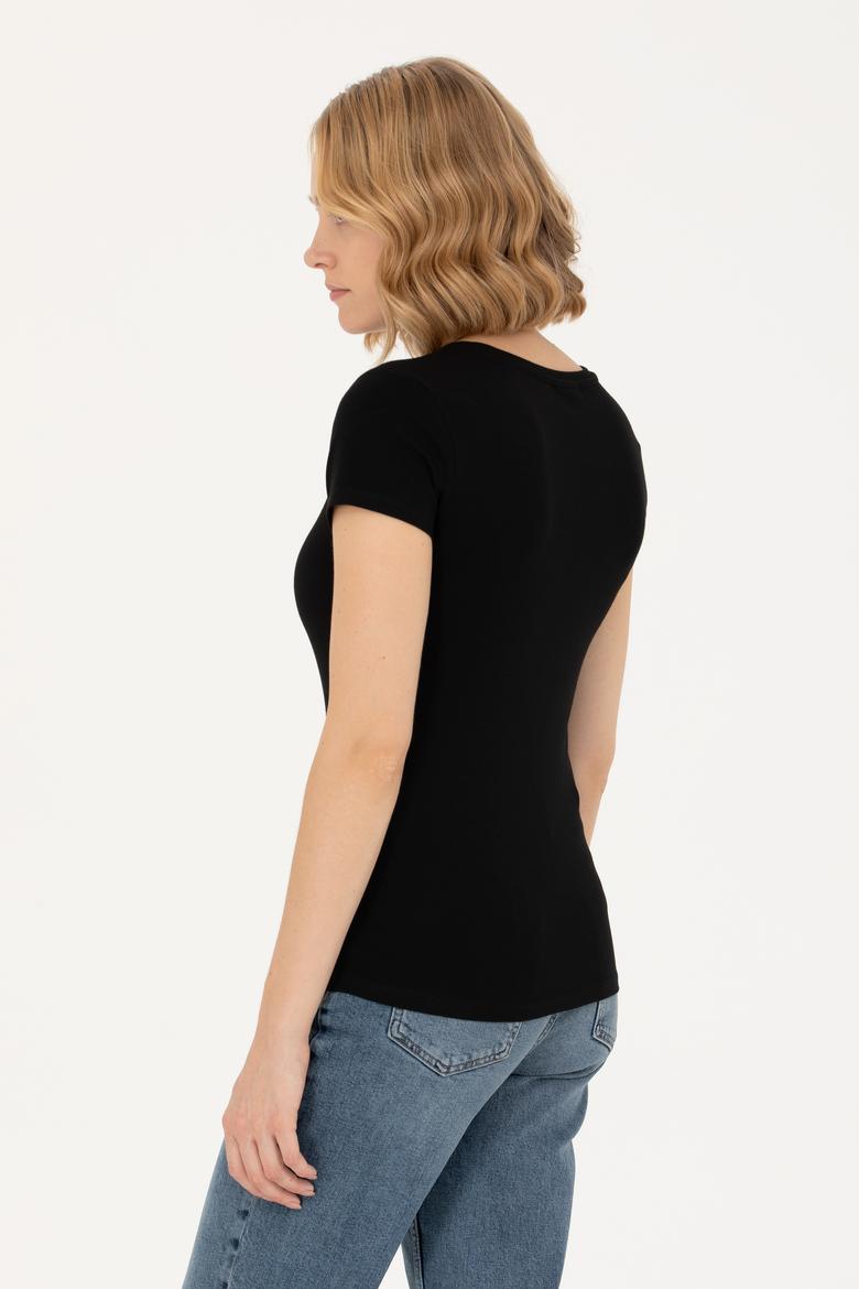 Kadın Siyah Basic Bisiklet Yaka Tişört - 50262656022