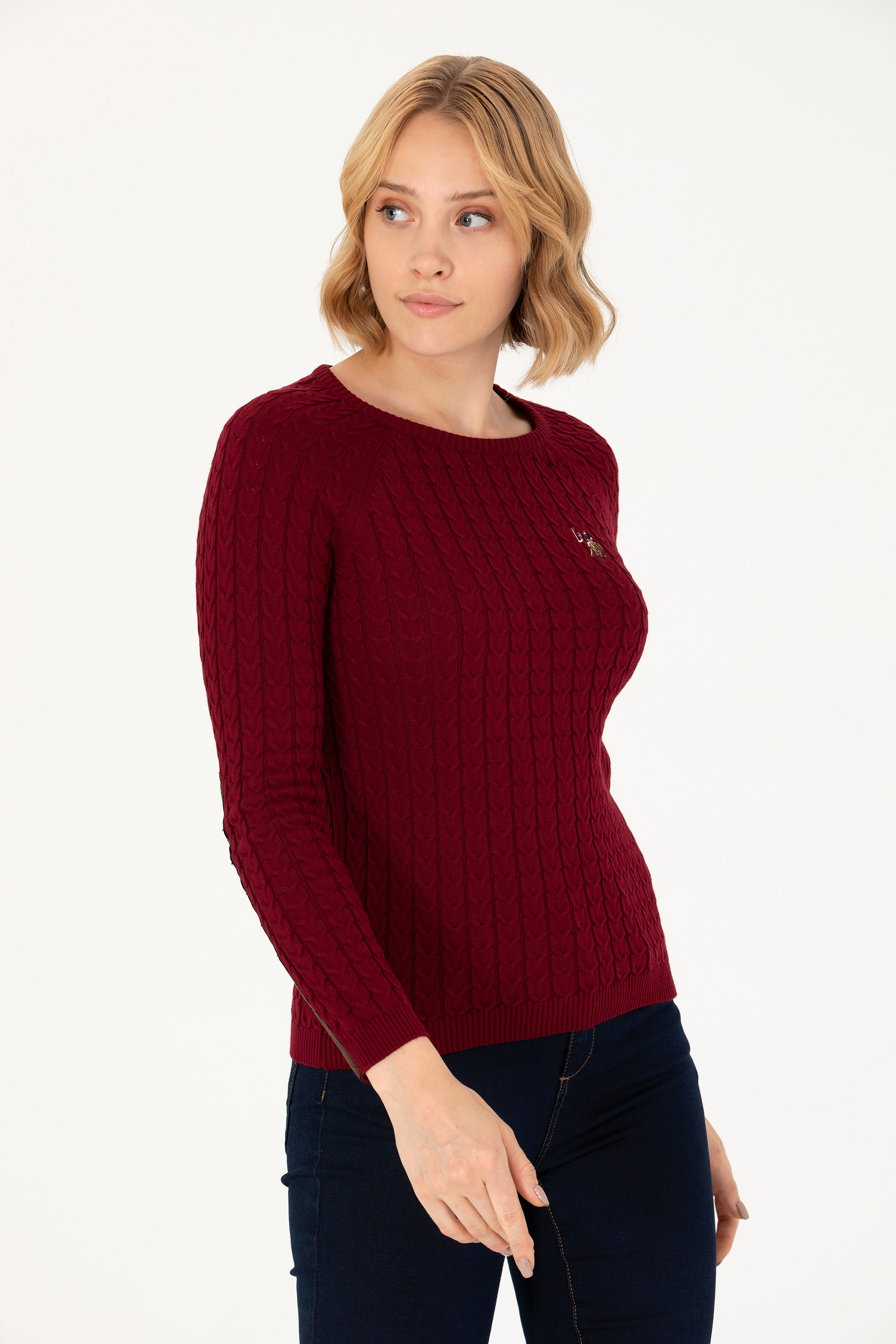 Kadın Bordo Bisiklet Yaka Basic Kazak - Image 3