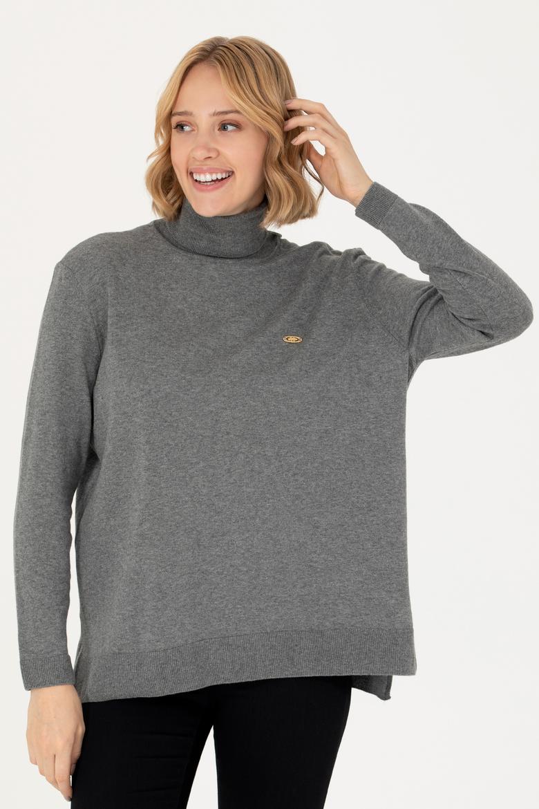 Kadın Gri Melanj Balıkçı Yaka Basic Kazak