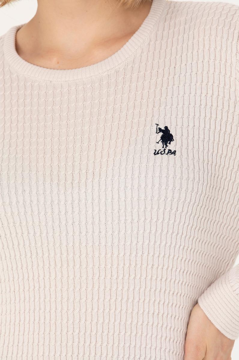 Kadın Krem Bisiklet Yaka Basic Kazak