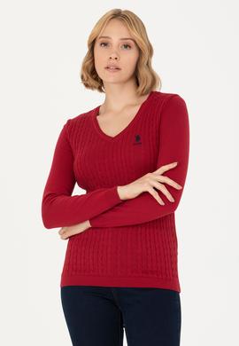 Kadın Kırmızı V Yaka Basic Kazak - 50269017019