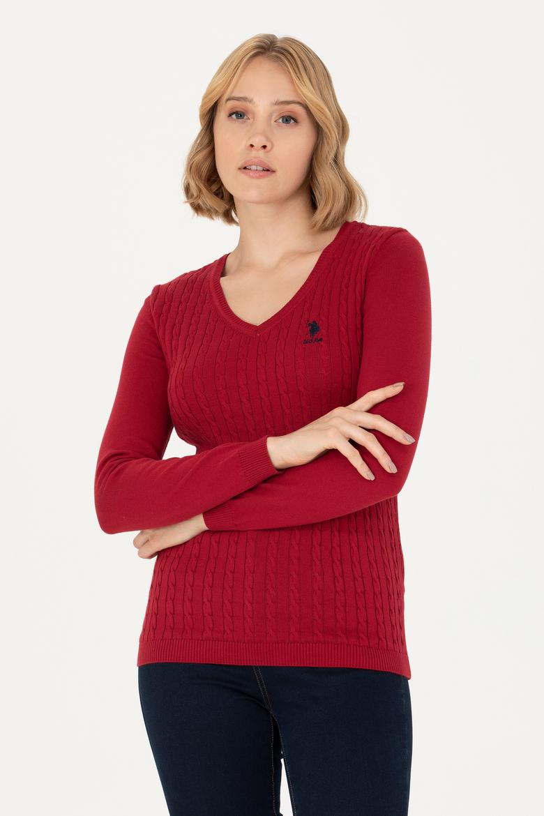 Kadın Kırmızı V Yaka Basic Kazak - 50269017019