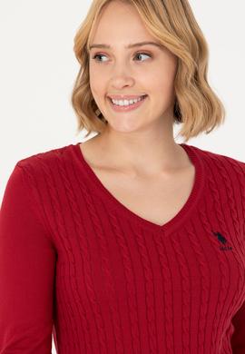 Kadın Kırmızı V Yaka Basic Kazak - 50269017019