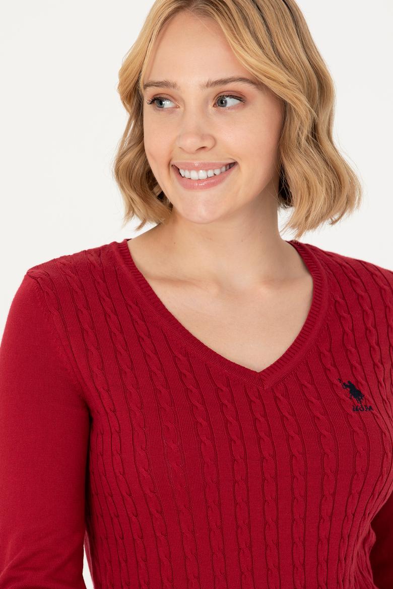 Kadın Kırmızı V Yaka Basic Kazak - 50269017019