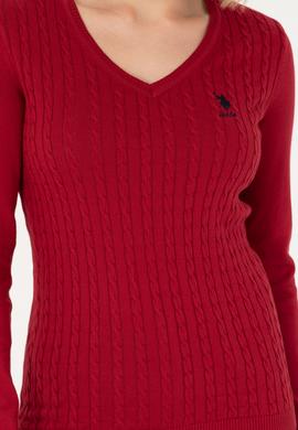 Kadın Kırmızı V Yaka Basic Kazak - 50269017019