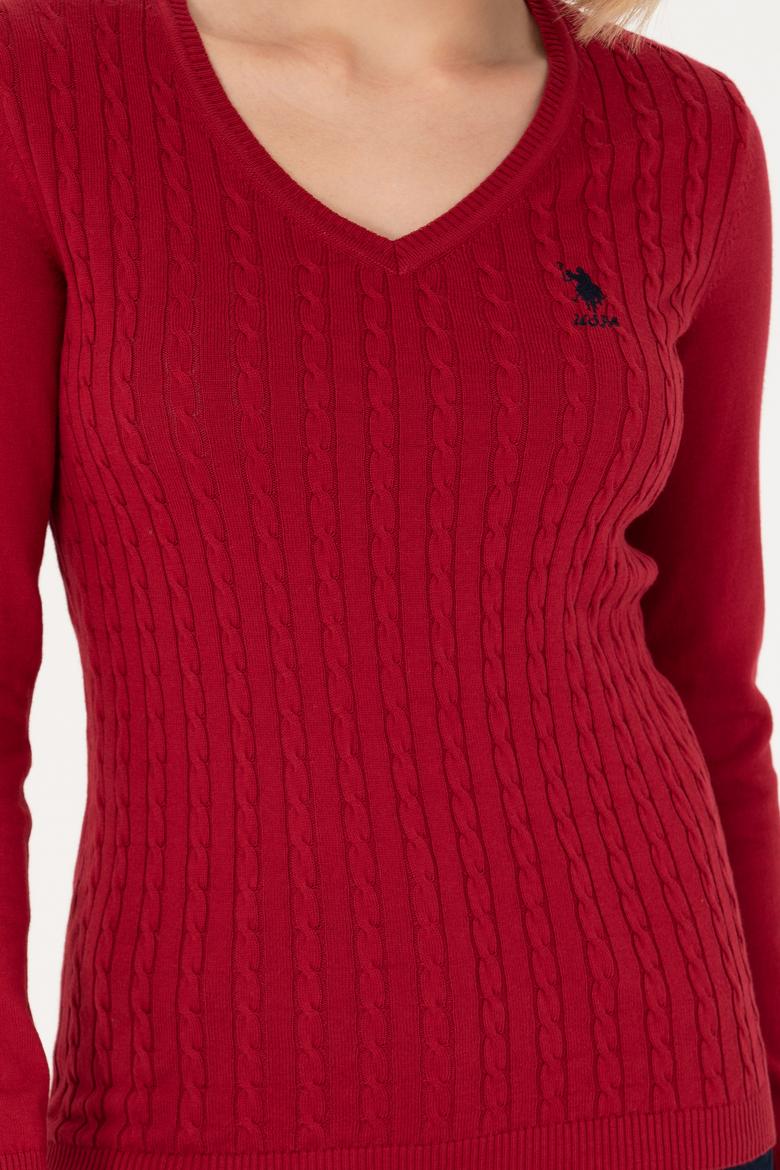 Kadın Kırmızı V Yaka Basic Kazak - 50269017019