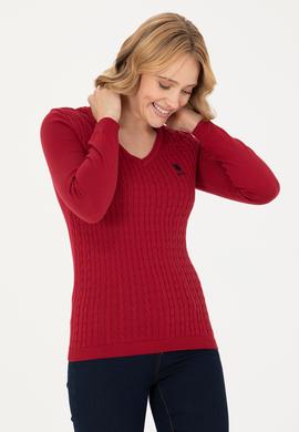 Kadın Kırmızı V Yaka Basic Kazak - 50269017019