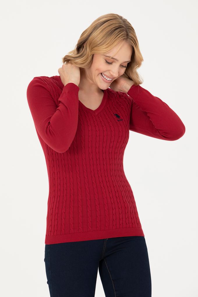 Kadın Kırmızı V Yaka Basic Kazak