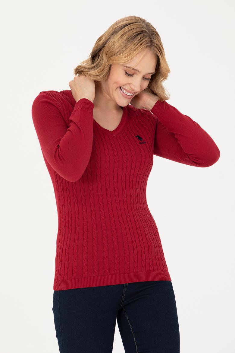 Kadın Kırmızı V Yaka Basic Kazak