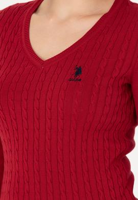 Kadın Kırmızı V Yaka Basic Kazak - 50269017019