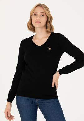 Kadın Siyah V Yaka Basic Kazak - 50269018012
