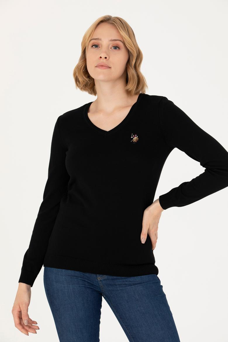 Kadın Siyah V Yaka Basic Kazak