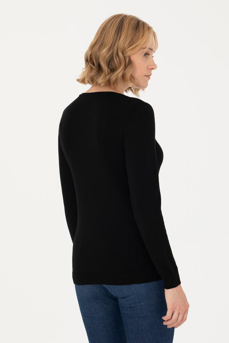 Kadın Siyah V Yaka Basic Kazak - 50269018012