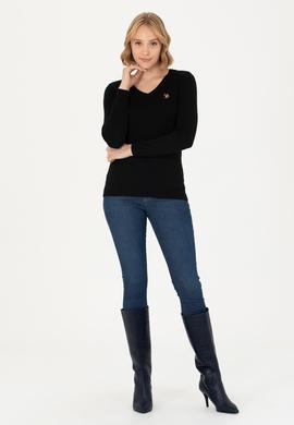 Kadın Siyah V Yaka Basic Kazak - 50269018012