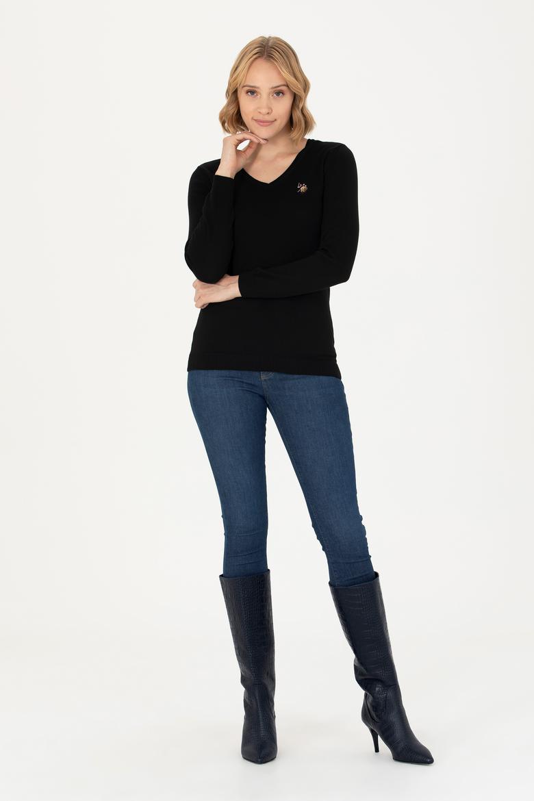 Kadın Siyah V Yaka Basic Kazak - 50269018012
