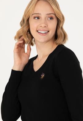 Kadın Siyah V Yaka Basic Kazak - 50269018012