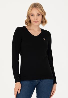 Kadın Siyah V Yaka Basic Kazak - 50269018012
