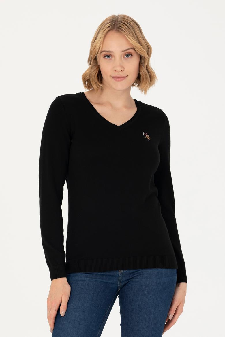 Kadın Siyah V Yaka Basic Kazak - 50269018012